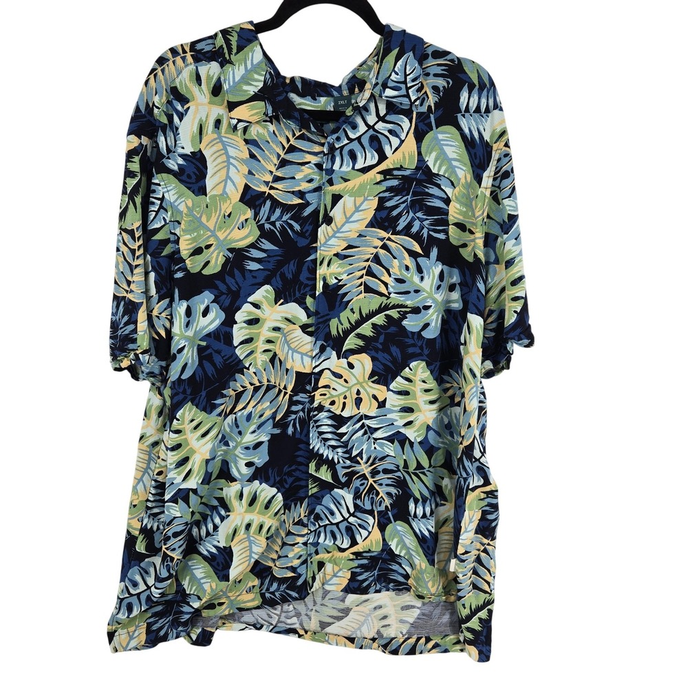 Cubavera‎ Shirt Mens 2XLT Blue Green Tropical Leaf Hawaiian Camp Short Sleeve